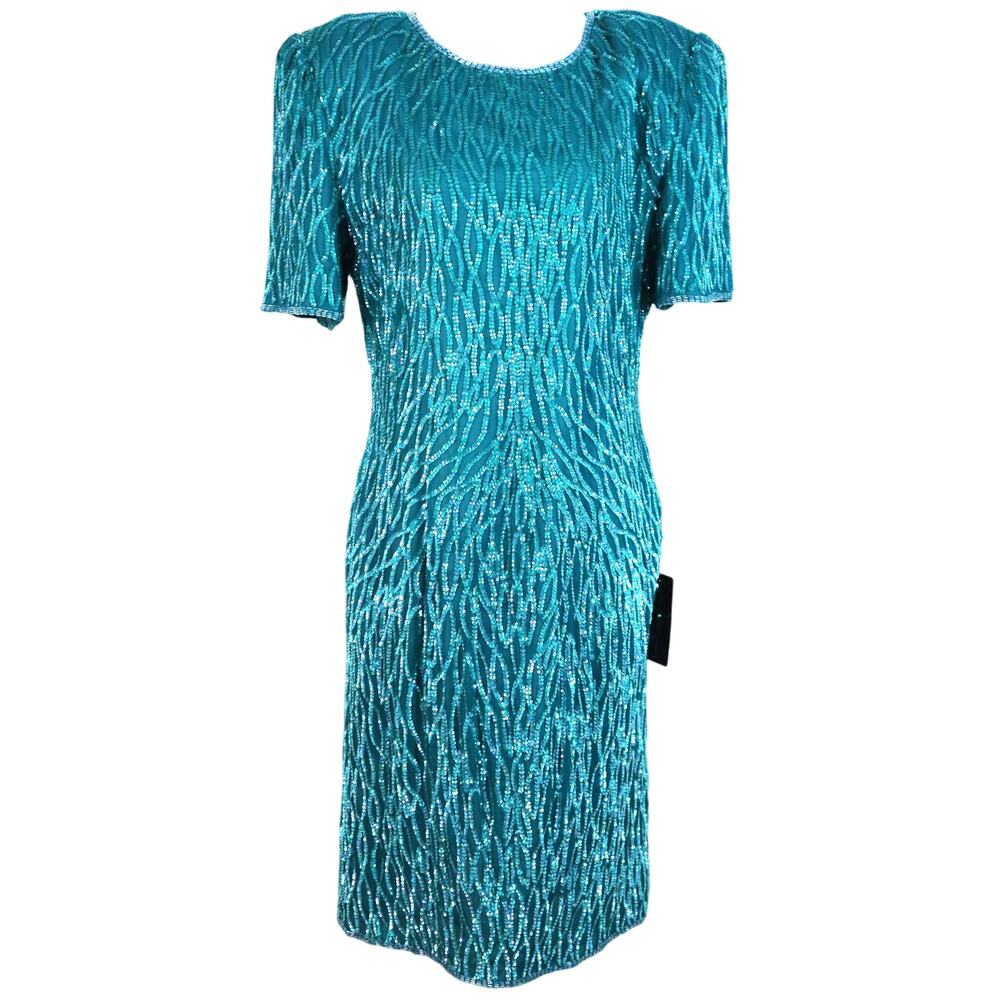 NWT Vintage 80s 90s Lawrence Kazar Sequin Dress SILK Teal Green Formal Large